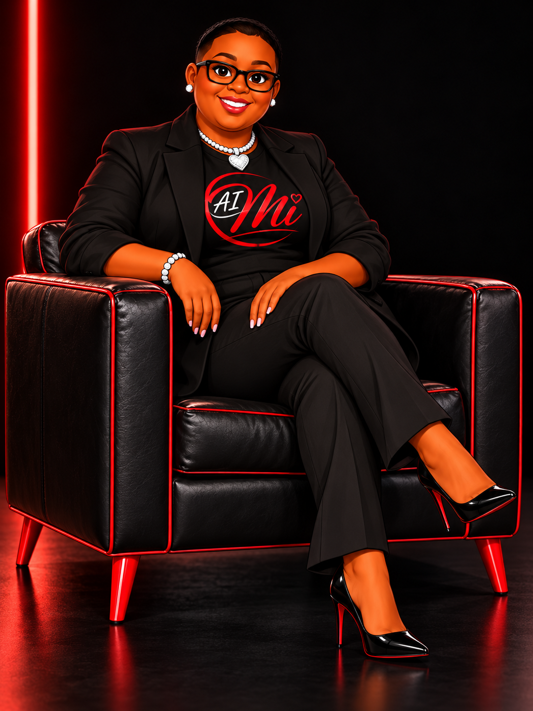 Illustrated Mi in a black business suit, AI Mi T-shirt, and black heels, seated in a black leather chair with red trim