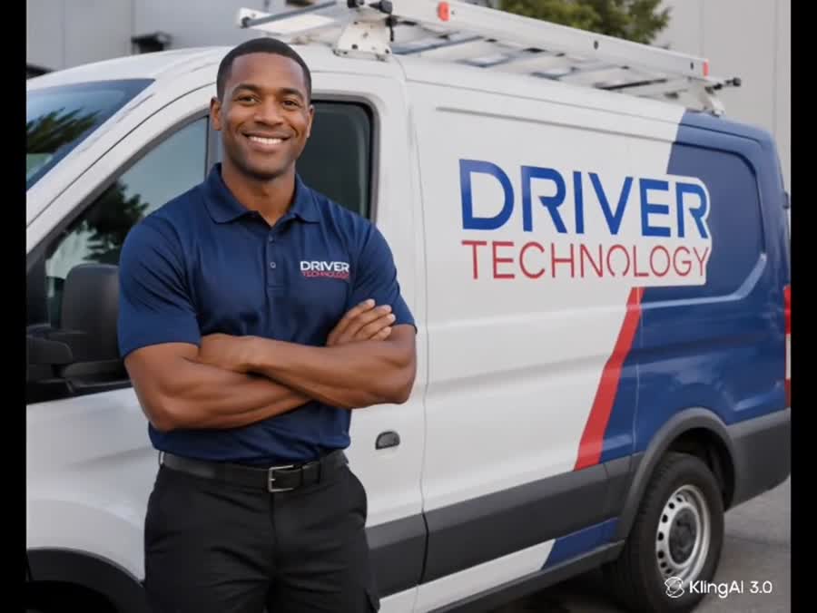 Driver Technology team member beside a branded service van